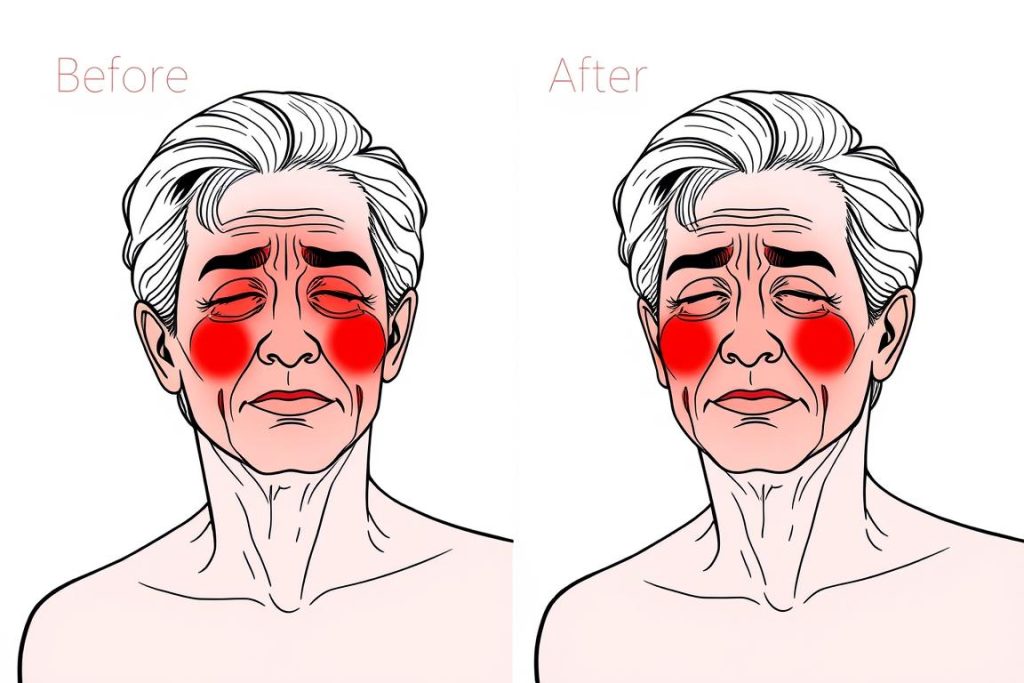 Line drawing of person experiencing relief from red light therapy on sunburned skin Line drawing of person experiencing relief from red light therapy on sunburned skin