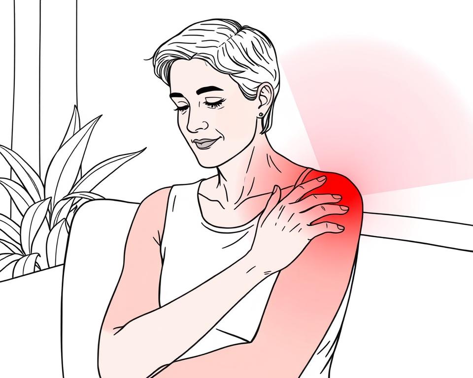 Line drawing of person using Total Spectrum Compact panel on sunburned shoulders Line drawing of person using Total Spectrum Compact panel on sunburned shoulders