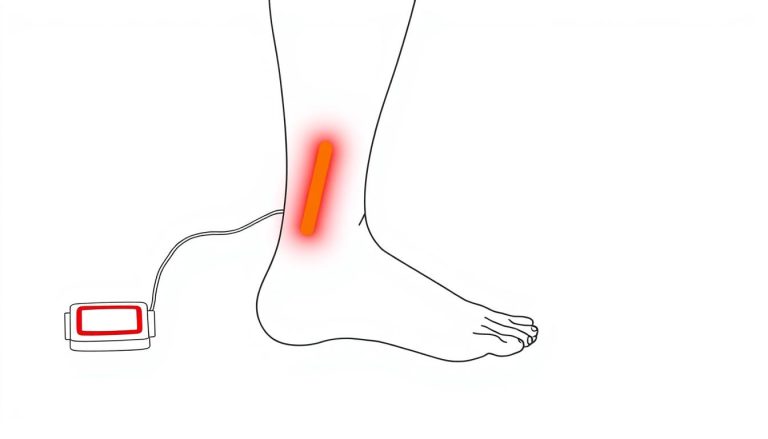 Line drawing of red light therapy being applied to an Achilles tendon area on a middle-aged person