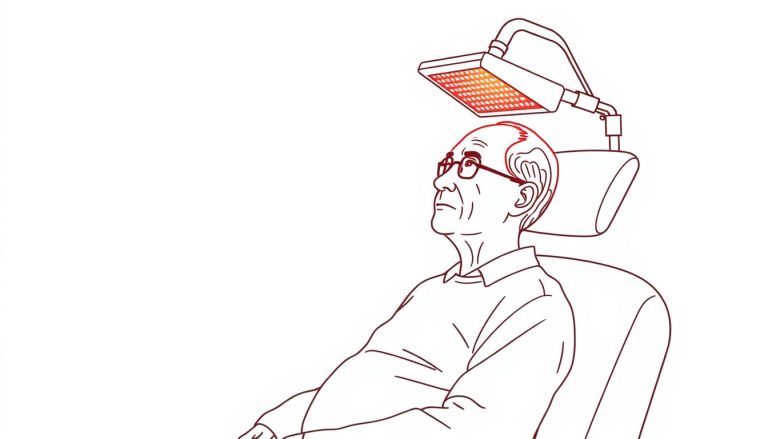 Line drawing of red light therapy being applied to an older adult's head for dementia and Alzheimer's treatment