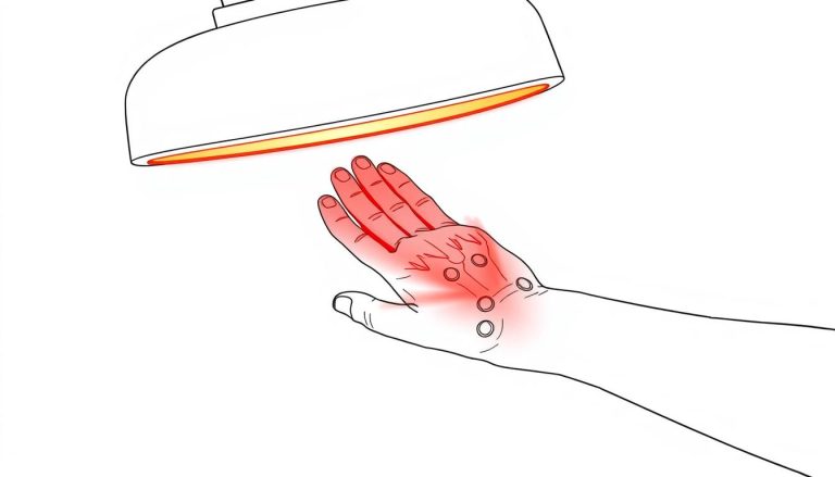 Line drawing of red light therapy for carpal tunnel relief showing hand positioning