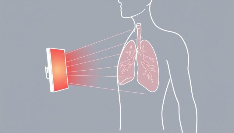Line drawing of red light therapy wavelengths penetrating chest tissue to reach lung cells, illustrating mechanism for COPD treatment