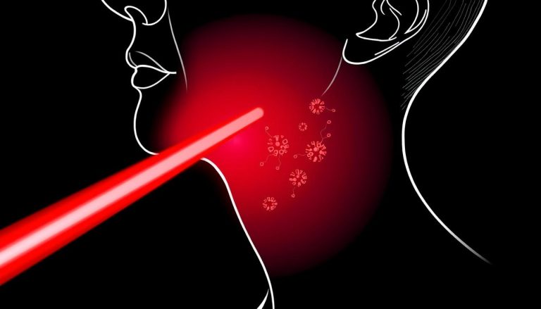 Line drawing of red light therapy wavelengths penetrating throat tissue to reduce inflammation