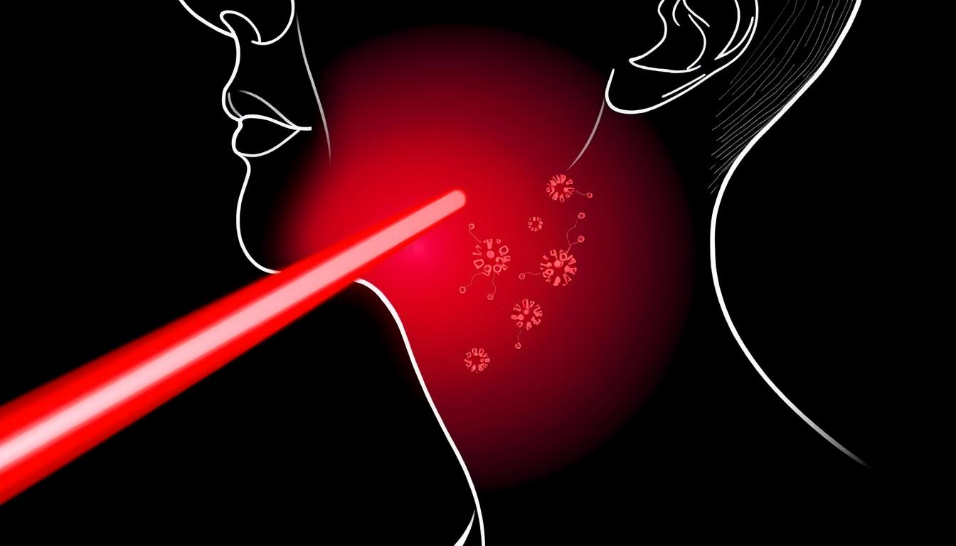 Line drawing of red light therapy wavelengths penetrating throat tissue to reduce inflammation