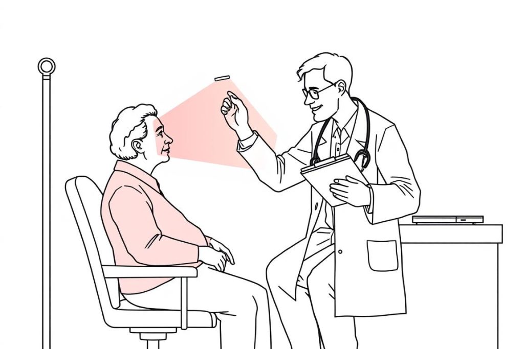 Line drawing of researchers conducting a clinical trial on red light therapy for dementia and Alzheimer's patients Line drawing of researchers conducting a clinical trial on red light therapy for dementia and Alzheimer's patients