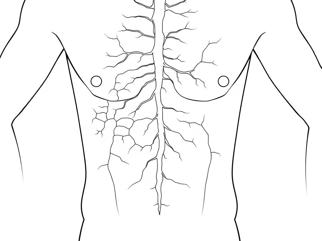 Line drawing of shingles rash pattern on torso showing nerve pathway