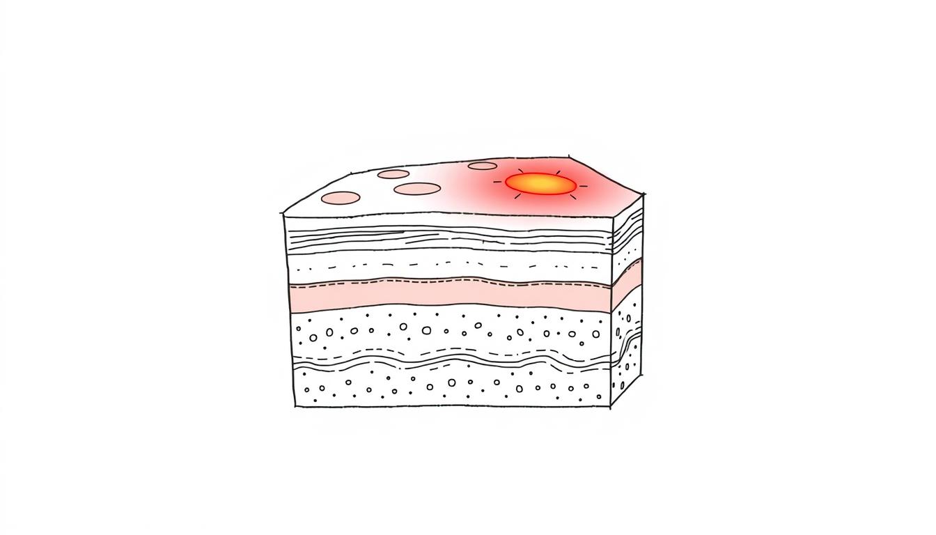 Line drawing of skin layers showing sunburn damage with red light therapy application