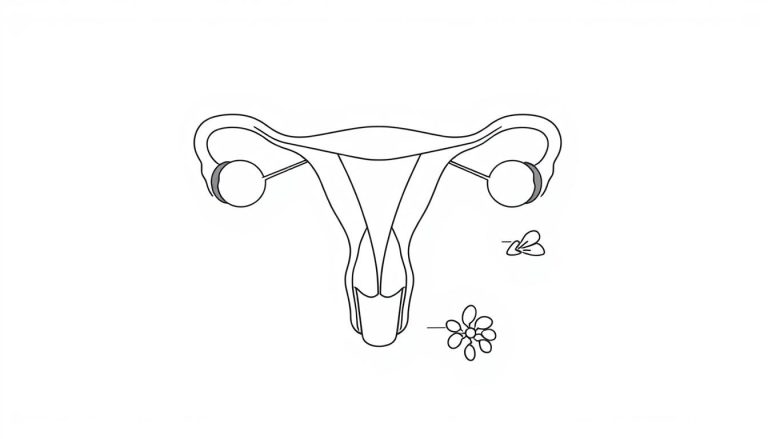 Line drawing of the female reproductive system showing endometriosis tissue growth outside the uterus, highlighting how red light therapy for endometriosis might target these areas