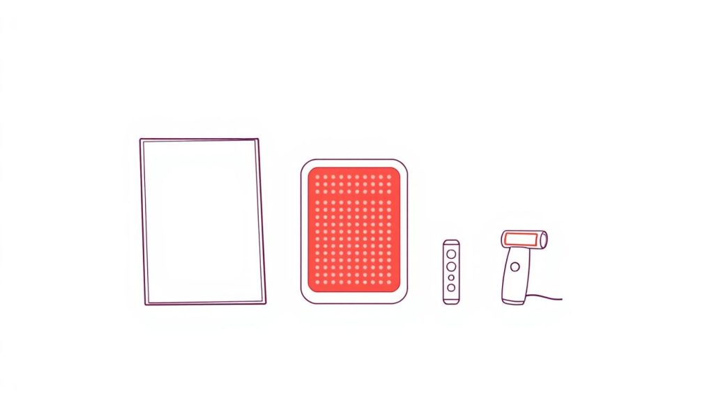 Line drawing of various red light therapy devices including panels and targeted applicators for treating endometriosis at home Line drawing of various red light therapy devices including panels and targeted applicators for treating endometriosis at home