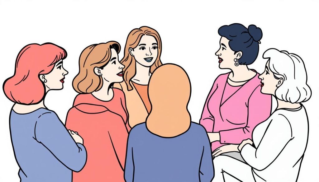 Line drawing of women of different ages discussing their experiences with red light therapy for endometriosis in a support group setting Line drawing of women of different ages discussing their experiences with red light therapy for endometriosis in a support group setting