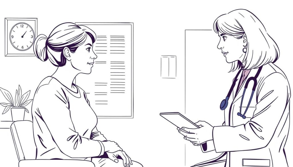 Line drawing showing a woman discussing red light therapy for endometriosis with her healthcare provider in a medical office Line drawing showing a woman discussing red light therapy for endometriosis with her healthcare provider in a medical office