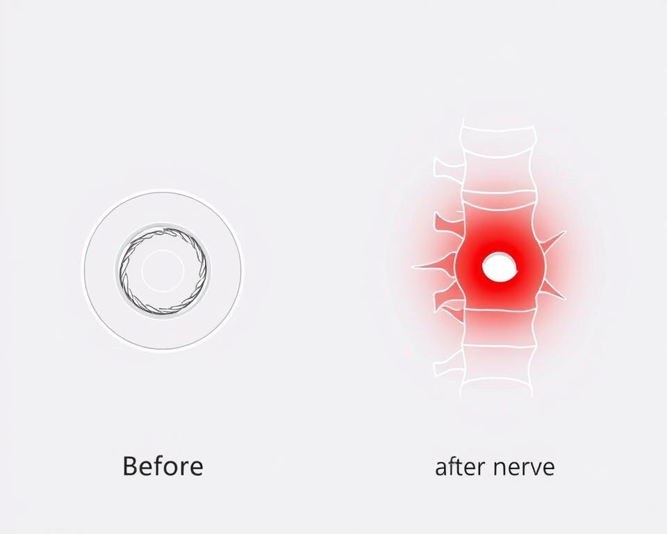 Line drawing showing before and after effects of red light therapy on a herniated disc