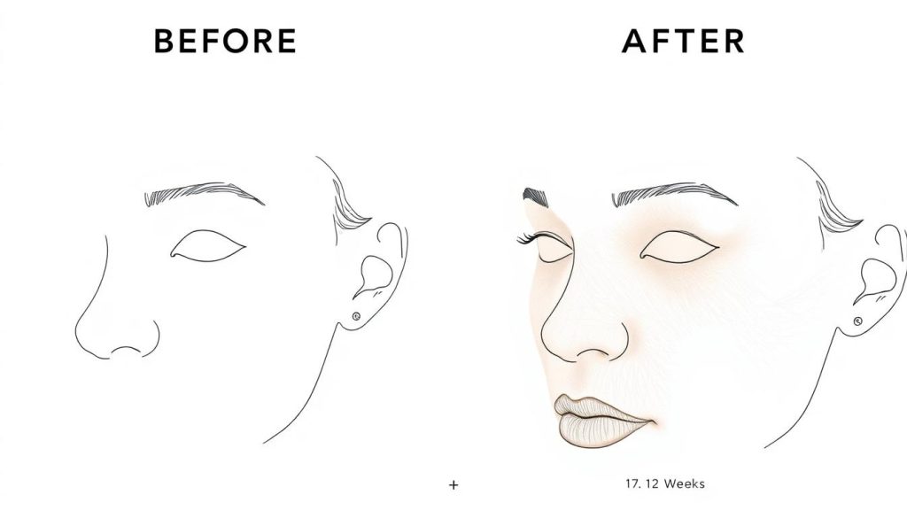 Line drawing showing before and after results of red light therapy for hyperpigmentation treatment over time