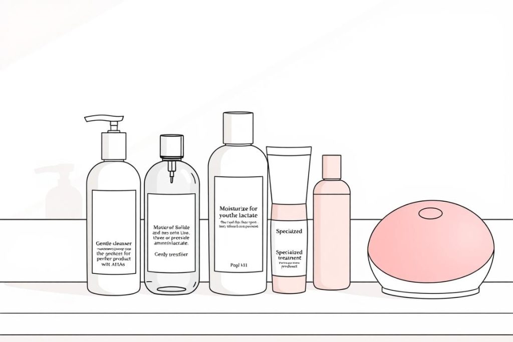 Line drawing showing complementary skincare products that can enhance red light therapy results for seborrheic dermatitis, seborrheic keratosis, and keratosis pilaris treatments.