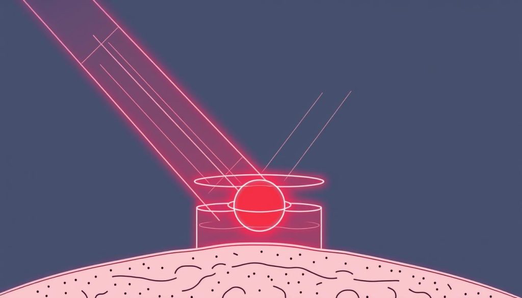 Line drawing showing how red light therapy for hyperpigmentation works at the cellular level with melanocytes