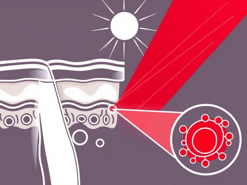 Line drawing showing how red light therapy penetrates tissue to reach cellular mitochondria, illustrating the mechanism behind red light therapy for endometriosis Line drawing showing how red light therapy penetrates tissue to reach cellular mitochondria, illustrating the mechanism behind red light therapy for endometriosis