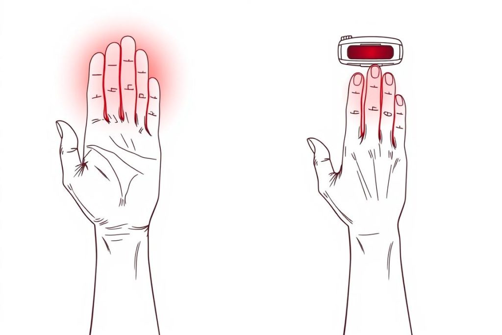 Line drawing showing proper hand positioning for red light therapy carpal tunnel treatment