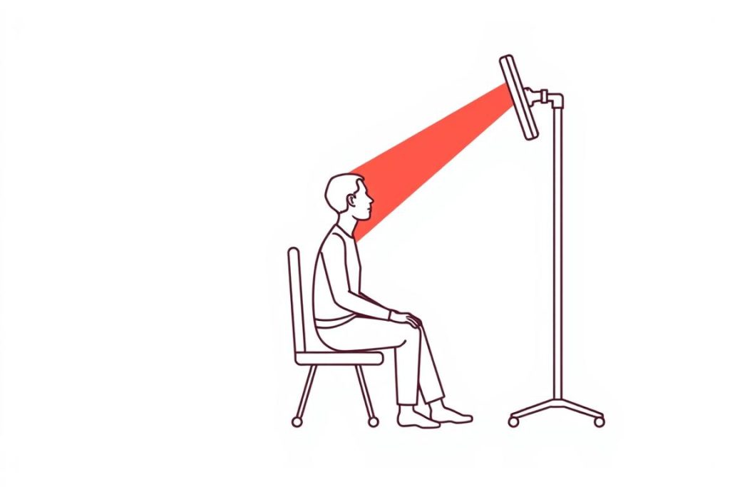 Line drawing showing proper positioning for red light therapy treatment for Parkinson's, with a person sitting at the recommended distance from a panel