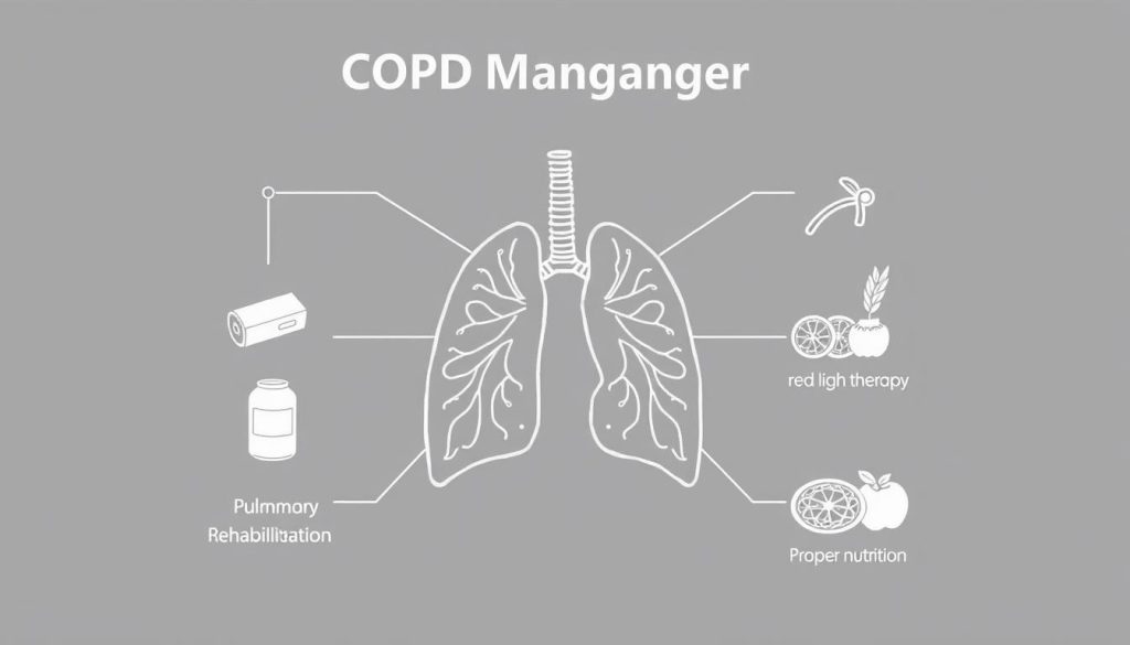 Line drawing showing red light therapy as part of an integrated COPD management approach alongside conventional treatments