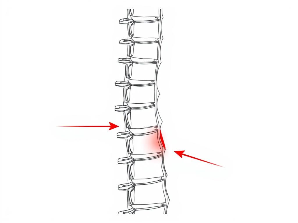 Line drawing showing the anatomy of a herniated disc in the spine with red light therapy wavelengths penetrating the affected area