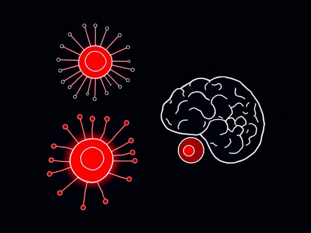 Line drawing showing the mechanism of red light therapy for Parkinson's at the cellular level, depicting light penetrating to brain cells