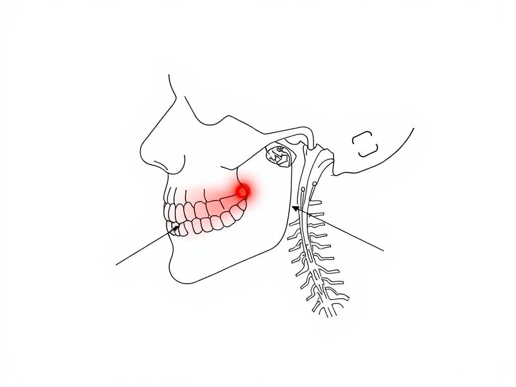 Line drawing showing the temporomandibular joint anatomy and red light therapy application