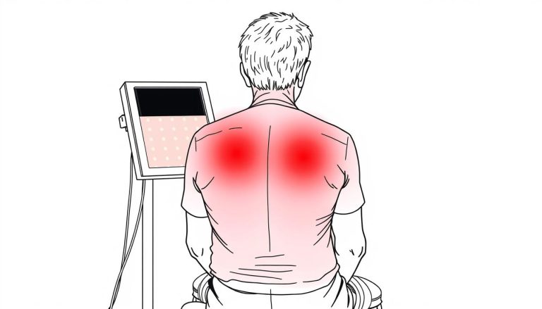 Red Light Therapy for shingles line drawing showing a middle-aged person receiving treatment on a rash