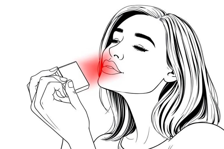Red light therapy for lips line drawing showing portable device use