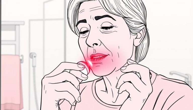 Red light therapy for teeth line drawing showing a person using a handheld device on their mouth