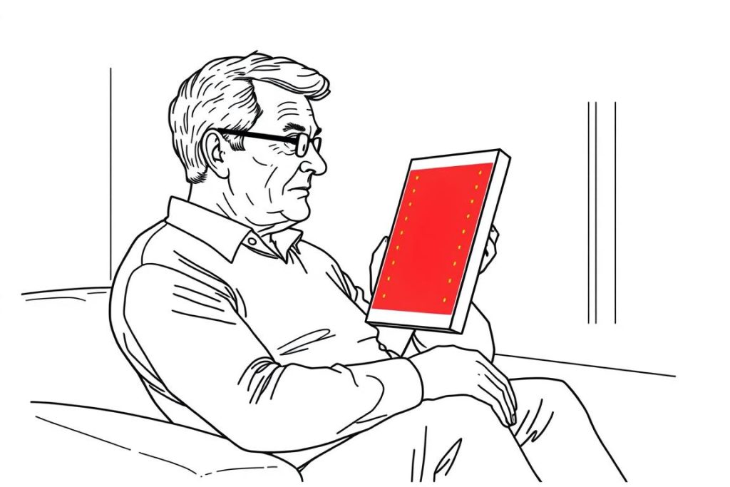 Red light therapy for teeth line drawing showing a person using a panel device