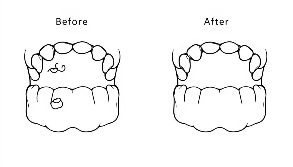 Red light therapy for teeth line drawing showing before and after effects on gums