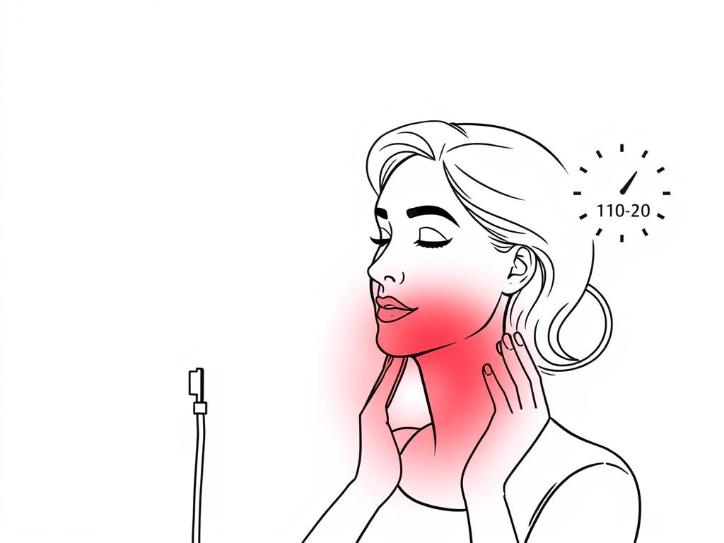 Drawing of a woman using red light therapy at home for skin tightening with proper positioning Drawing of a woman using red light therapy at home for skin tightening with proper positioning