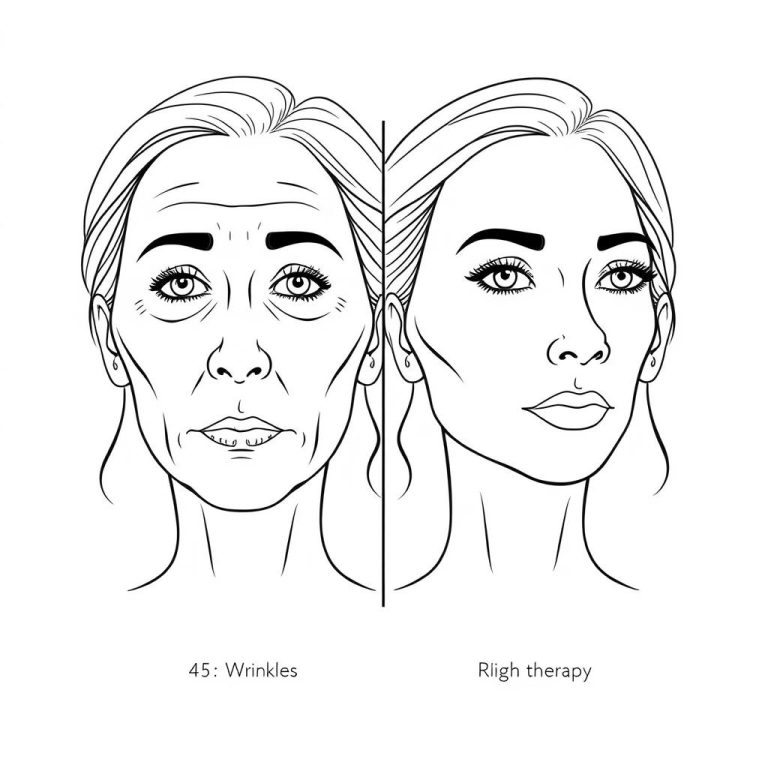 Drawing of before and after effects of red light therapy for skin tightening on a woman's face