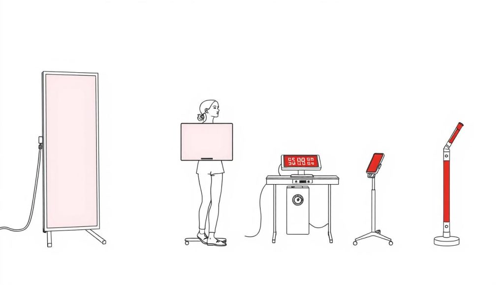 Drawing of different red light therapy devices for skin tightening showing various sizes and designs Drawing of different red light therapy devices for skin tightening showing various sizes and designs