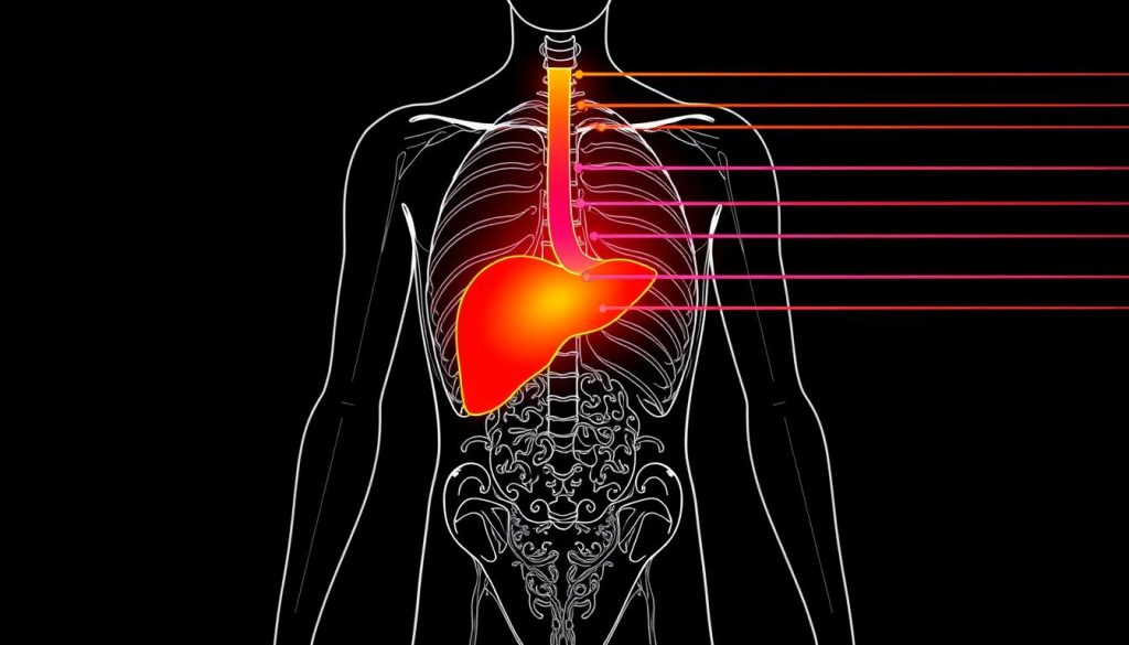 Drawing of red light therapy wavelengths penetrating to liver tissue