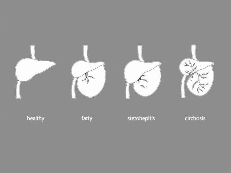 Drawing showing progression of fatty liver disease from healthy to cirrhosis