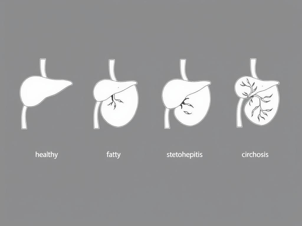 Drawing showing progression of fatty liver disease from healthy to cirrhosis