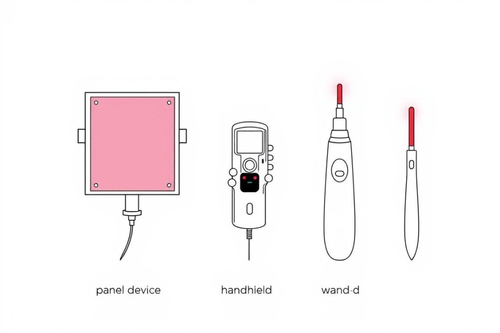 Line drawing comparing different red light therapy device types for vulvodynia treatment