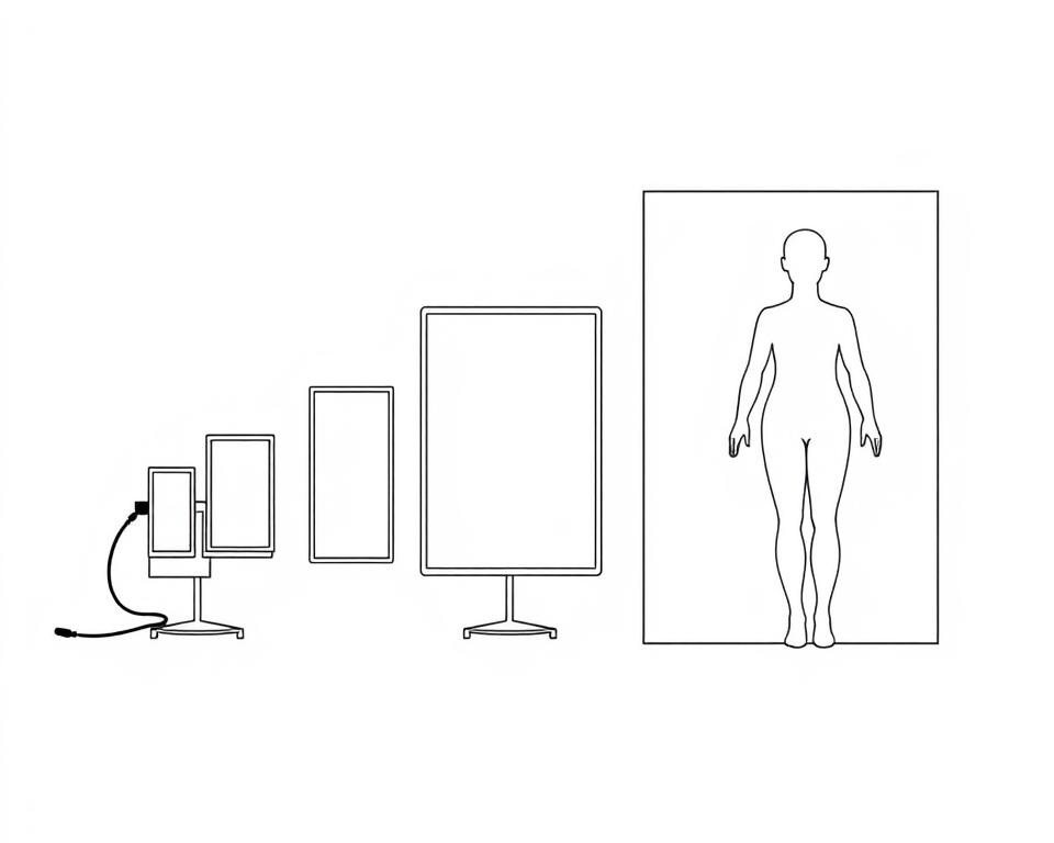 Line drawing comparing different sizes of red light therapy panels for fibroid treatment