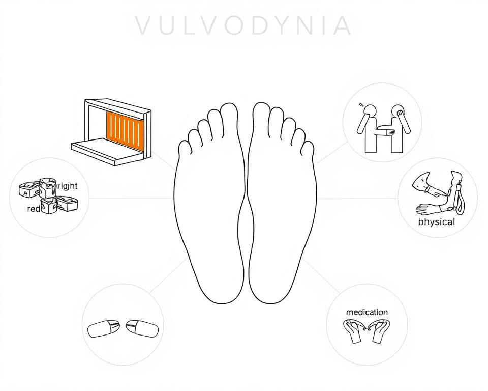 Line drawing illustrating a multimodal approach to vulvodynia treatment including red light therapy