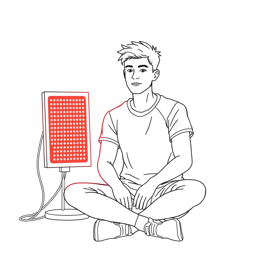 Line drawing of a college athlete using red light therapy for concussion recovery after a sports injury