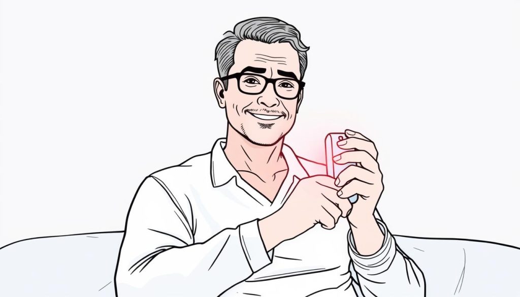 Line drawing of a man confidently using red light therapy as part of his Peyronie's disease treatment routine