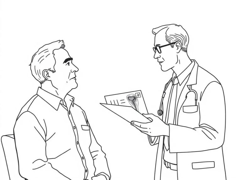Line drawing of a middle-aged man looking concerned while consulting with a doctor about Peyronie's disease