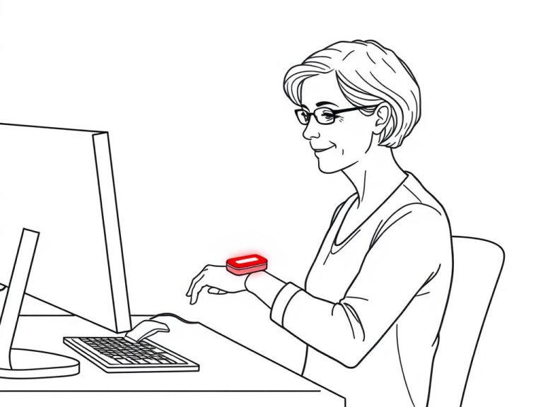 Line drawing of a middle-aged person using red light therapy for wrist pain relief, showing the red glow on their affected wrist