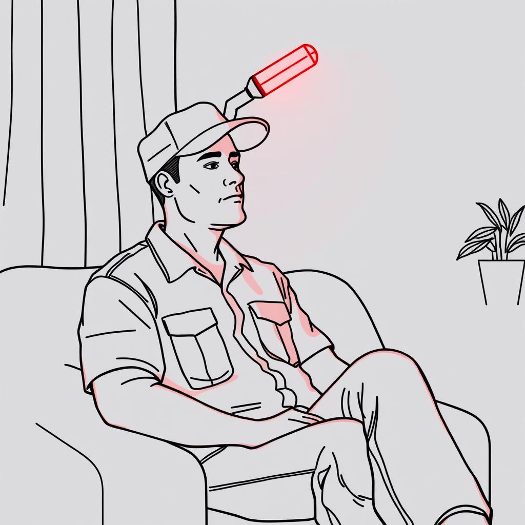 Line drawing of a military veteran using home red light therapy for concussion recovery from blast-related TBI