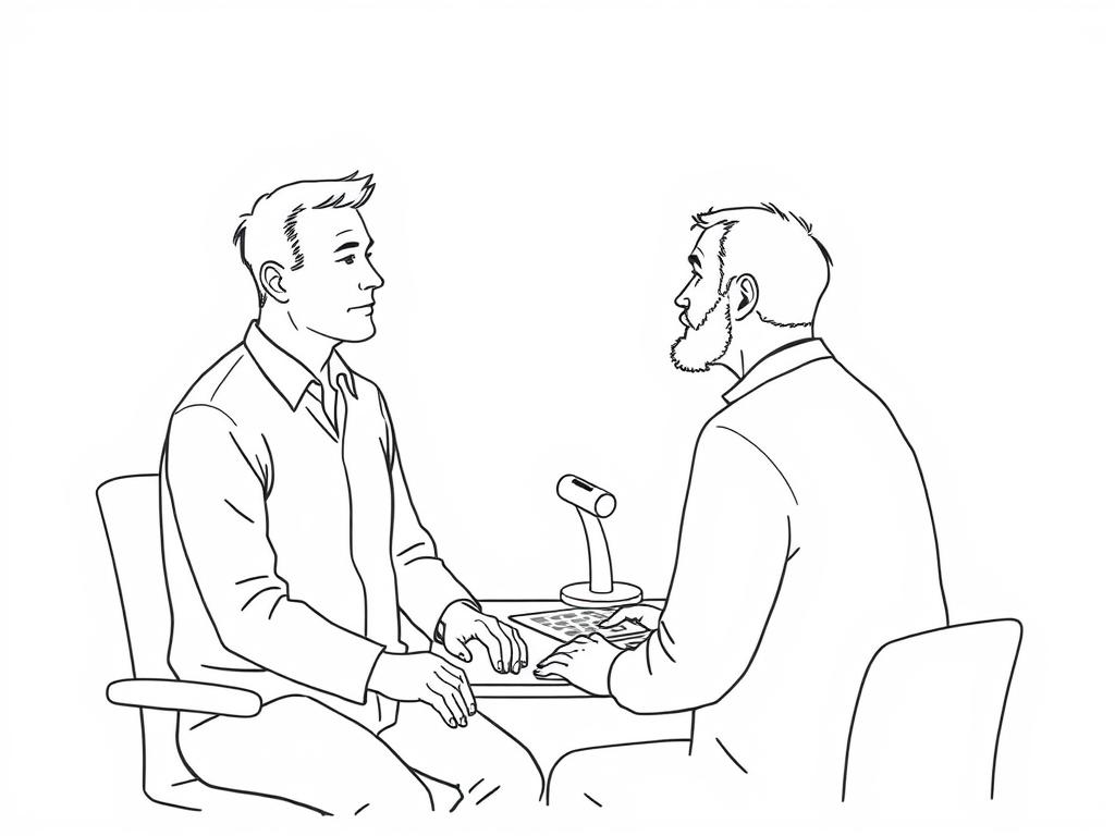 Line drawing of a patient discussing red light therapy with a urologist for Peyronie's disease treatment