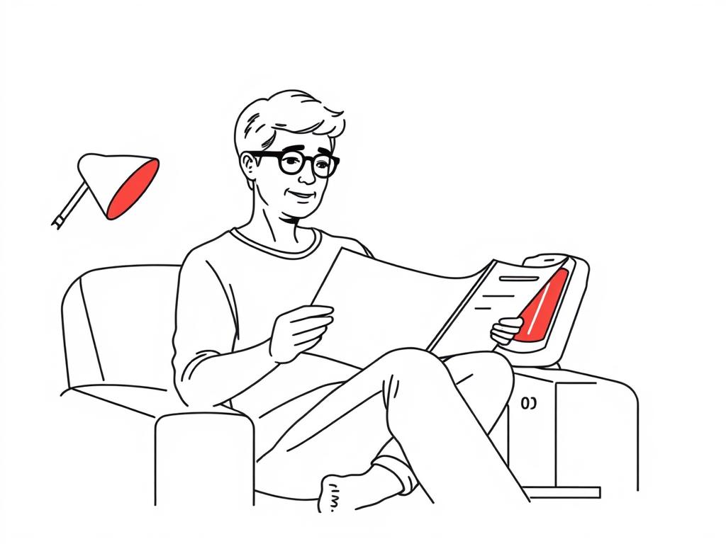 Line drawing of a person checking safety guidelines before using red light therapy for irritable bowel syndrome