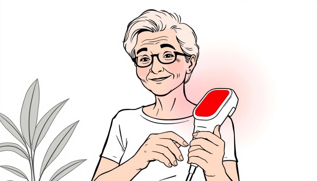 Line drawing of a person confidently using red light therapy as part of their lichen sclerosus management routine