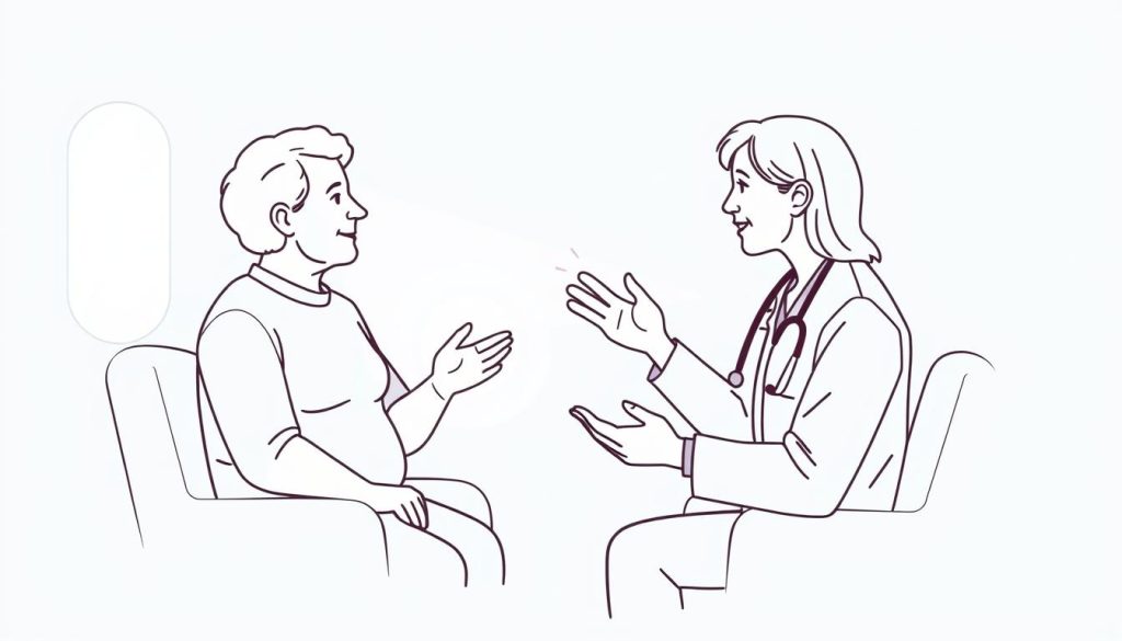 Line drawing of a person discussing red light therapy for constipation with a healthcare provider