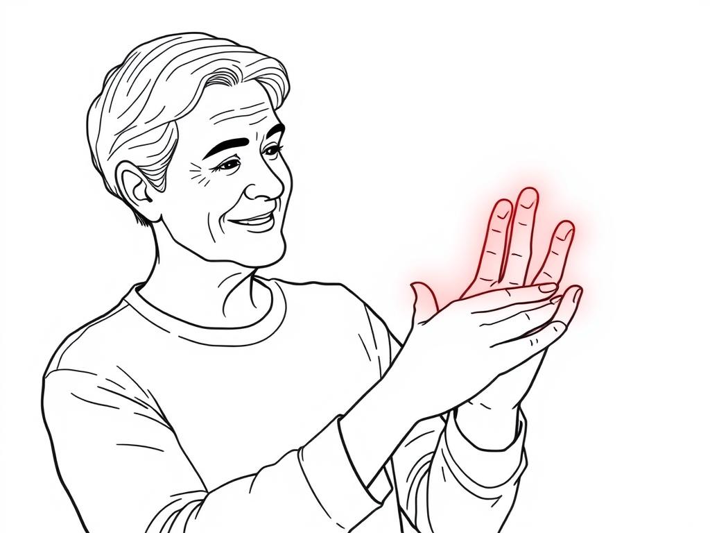 Line drawing of a person examining their skin after successful red light therapy for warts treatment